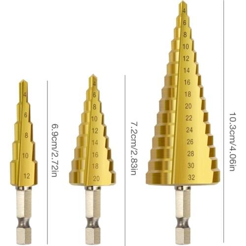 3 Pcs Step Drill Bit 4-12/20/32mmTitanium HSS Coated Step Cone Metal Hole Power tool for woodworking milling cutter cone drill