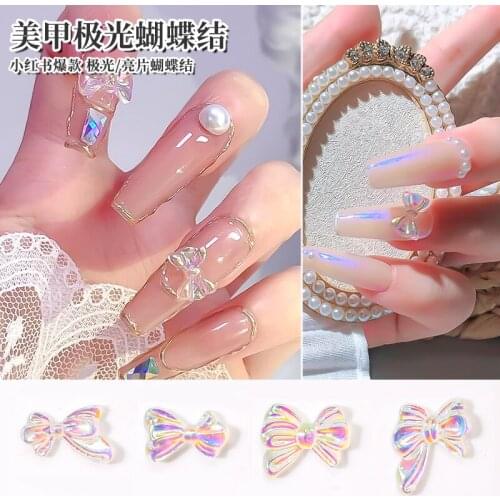 50Pcs 7-10 Nail Decal Aurora/Chameleon Nail Charm Nail Art "Bow tie & Daisy" Aurora AB Multi Flutter 3D Charm Embellishment,ty56
