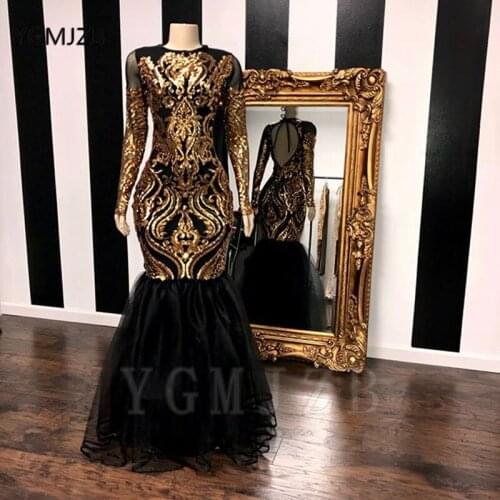 Backless Gold Sequined Black Girl Prom Dresses 2020 Mermaid O-Neck Long Sleeve African Women Formal Party Evening Gowns