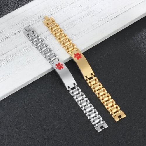 Customized Medical Alert ID Bracelet 316L Stainless Steel Personalized Engraving Link Chain Bracelets Bangle for Men