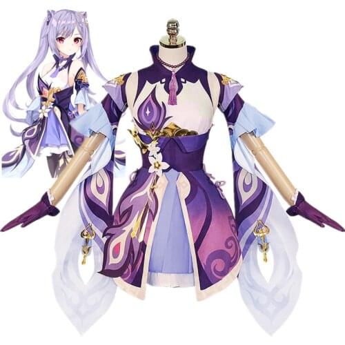 Game Genshin Impact Keqing Cosplay Costumes Set Dress Sleeves Socks Accessories Wig Suit Girls Women Clothing