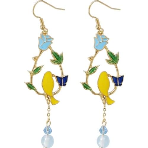 Lovely drops of wreath leaves, birds, earrings, temperament, and crystal girls