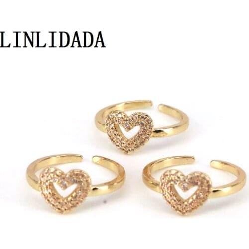 10Pcs Fashion Clear CZ Micro Pave Heart Ring, Cubic Zirconia Gold Ring, Adjustable Ring Jewelry For Women Girls Wedding Bridal