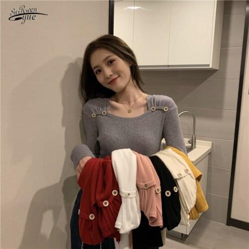 Autumn 2021 Square Neck Long-sleeved Sweater Womens Autumn 2020 New Korean Version of Slim and Thin Gray Bottoming Shirt 16355