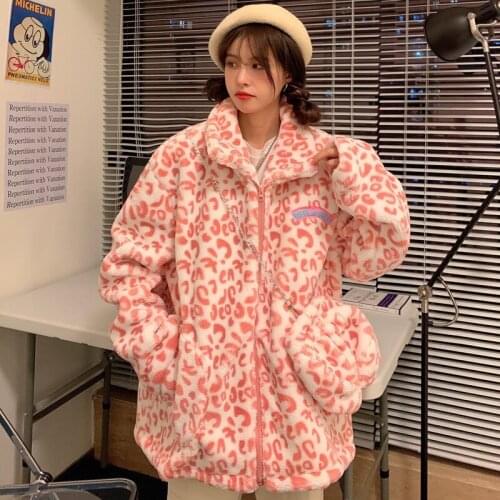 Oversize leopard print cotton womens winter plus velvet thick lamb wool coat autumn ins port wind Harajuku cotton clothing tide