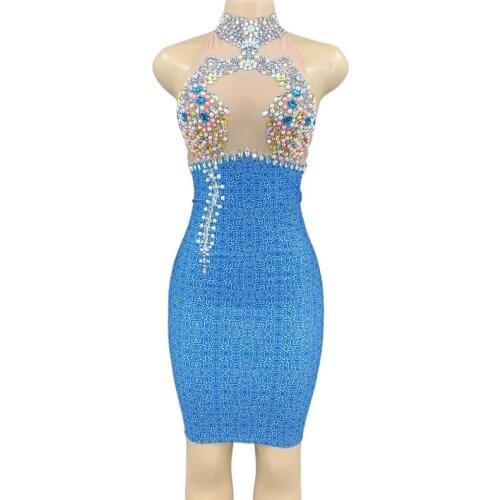Sexy Colorful Rhinestones Pearls Short Dress Birthday Prom Party Celebrate Crystals Dresses Women Singer Dancer Club Outfit
