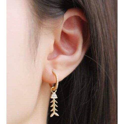 Cute Zircon Fish Bone Earrings for Women Gold Colour Short Rhinestone Drop Earrings Korean Fashion Party Jewelry 2020 Trend New