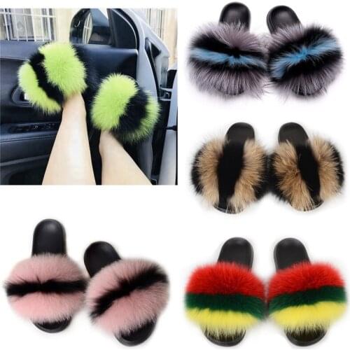 Womens Fur Slippers Ladies Real Fox Fur Slides Furry Indoor Flat Sandals Female Cute Fluffy House Shoes Woman Plush Flip Flops