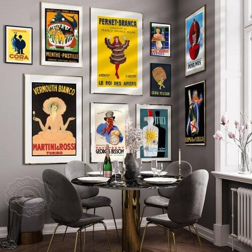 Vintage Champagne Poster, Bar Pub Club Wall Stickers, Champagne Prints Poster, Retro Vermouth Fernet-Branca Wine Art, Wall Decor
