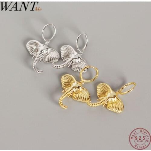 WANTME Real 100% 925 Sterling Silver Creative Auspicious Golden Elephant Pendant Big Studs Earrings for Women Punk Fine Jewelry
