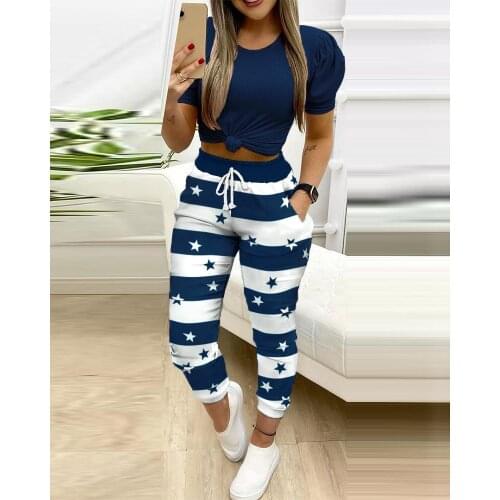 2020 Autumn Spring Women Casual Short Sleeve Top & Plaid Colorblock Pocket Design Drawstring Skinny Pants Stitching Suit Sets