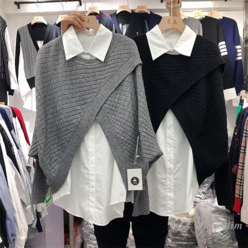 Womens Pullover Spring Autumn New Korean Style Loose BF Round Neck + Split Sweater Single-Breasted Shirt Two-Piece Sets