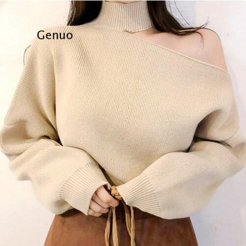 Halter Bare Shoulders Knitted Office Ladies Winter Autumn Loose Irregular Casual Elegant High Street Sweaters Tops