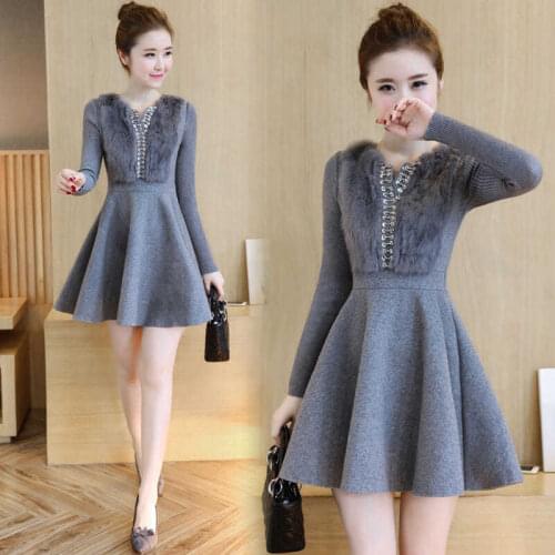 Luxury Splicing Mid-Long Knit Women Maxi Sweater Wool Dress O-Neck A- Line Dresses Christmas Party Vestidos
