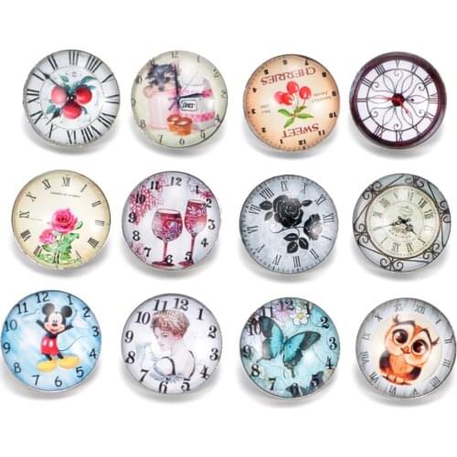 12pcs/lot Vintage Clock Pattern Charms 18mm Glass Snap Button For DIY Bracelet Snaps Jewelry KZ0316