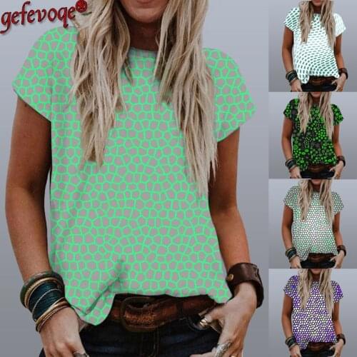 2021 Summer Women Textured Pattern Printing Clothes Female Loose Round Neck Tops Lady Casual Short Sleeve Shirt