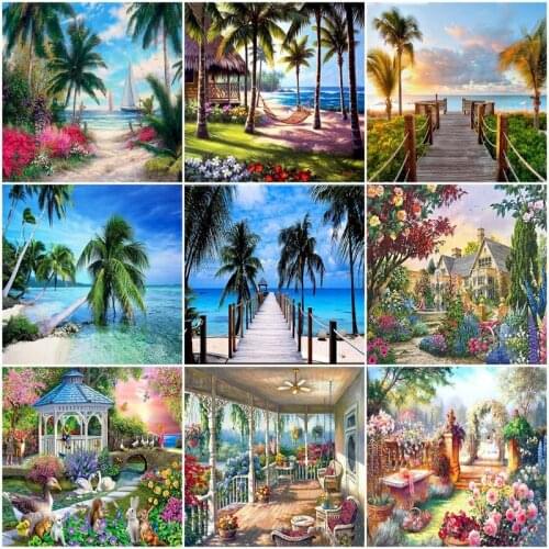 40x50cm Framed Diy Painting By Numbers Sea Coconut Tree Canvas Drawing Acrylic Paint Landscape Handpainted Wall Art Decor Gift