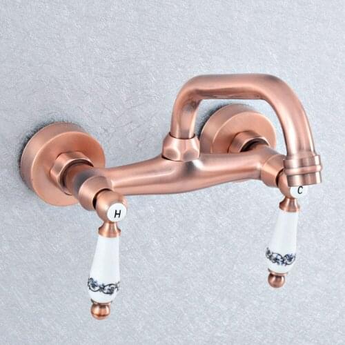 Antique Red Copper Wall Mount Kitchen Sink Faucet Swivel Spout Mixer Tap Dual Ceramics Handles Levers asf906