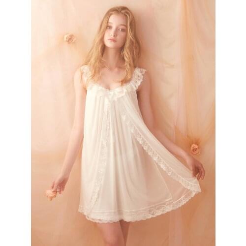 Free Shipping 2020 New Womens Vintage Short Nightgown White Pink Sleepwear Lace Sweet Pijamas Soft Nightdress Girl Slip