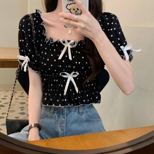 Blouse Women Retro Bow Polka Dot Short-sleeved Shirt Female Design Sense Niche Summer New Korean Loose Top
