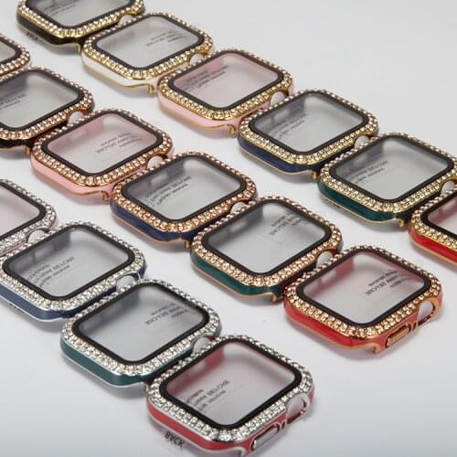 Diamond case+tempered film for Apple watch case 44mm 42mm 40mm 38mm Double row drill replacement case For iwatch 6 5 4 3 2 1 SE
