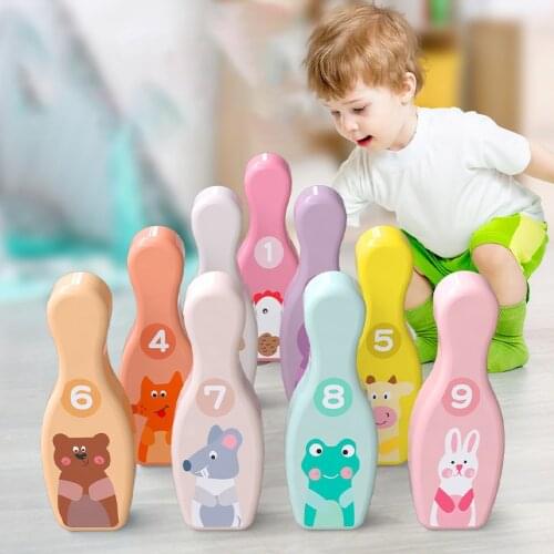 Kids Wooden Cartoon Animal Bowling Pins Balls Sport Toy Indoor Interactive Game Indoor Baby Play Balls Famaly Interactive Toys
