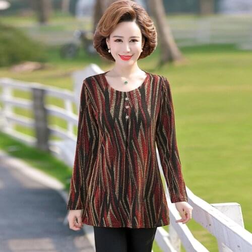 Stripe T-Shirt WomenS Spring Autumn Clothing Pullover Long Sleeve Tops Mother O-Neck Printed Tee Shirts Femme Casual Loose