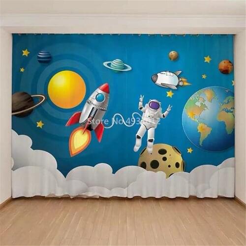 Hot Sale Childrens Curtain Cartoon Space Theme Astronaut Starry Sky Childrens Room Boy Bedroom Bay Window Curtain Blackout