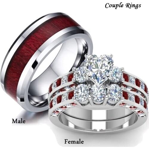 Fashion Couple Rings Women Heart White Red Crystal CZ Rings Set Red Wood Inlay Stainless Steel Men Ring Wedding Band Jewelry
