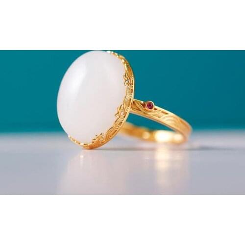 Designer original new natural Hetian jade oval opening adjustable ring personality retro palace style high-end ladies jewelry