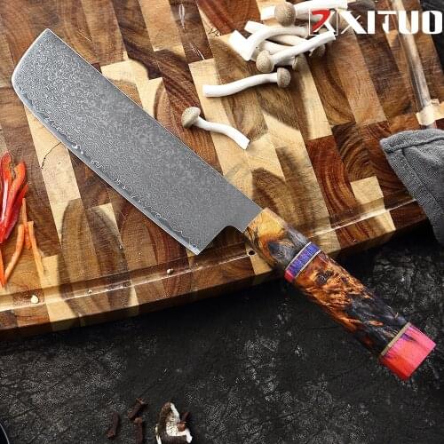 XITUO 7'' Kitchen Nakiri Knife Damascus Stainless Steel Butcher Meat Cleaver Knife Vegetable Knives Cutter Tool Octagonal Handle