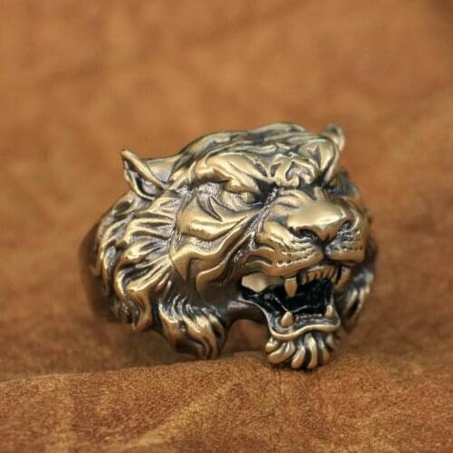 LINSION Brass Tiger Ring High Detail Mens Biker Rock Punk Jewellery BR130 US Size 7~15