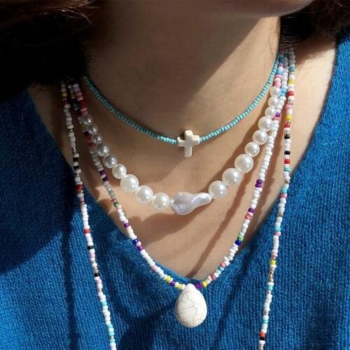 Fashion White Cross Beaded Clay Bohemian Necklaces For Women Simple Pearl Seed Beads Strand Rainbow Long Choker Necklace Jewelry