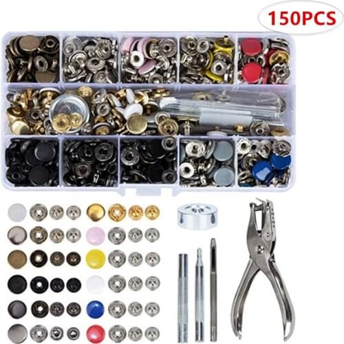 150 Pcs Metal Snap On Buttons Set Press Studs Snap Buttons Mounting Snaps Pliers Knitting Sewing Tools for Leather Wallet Clothe
