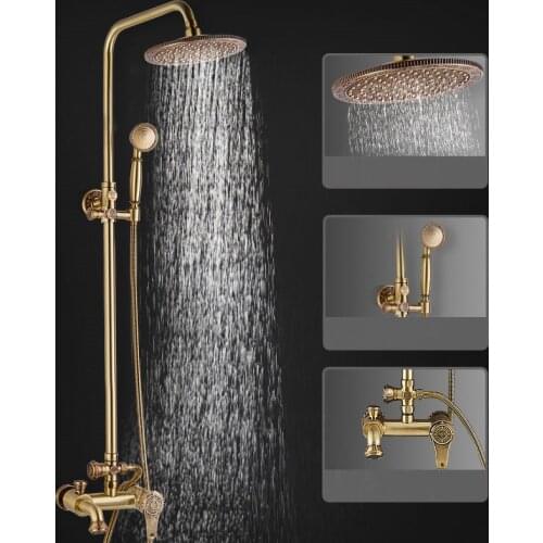 Bath Shower Faucet Set Antique Brass Carved Bathtub Shower Faucet Lavatory Mixer Tap Hot & Cold Wall Mount With Handheld Shower