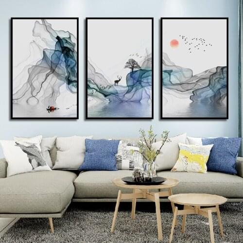 New Chinese Style Abstract Art Poster Ink Bird Landscape Canvas Painting Home Decoration Living Room Wall Pictures No Frame