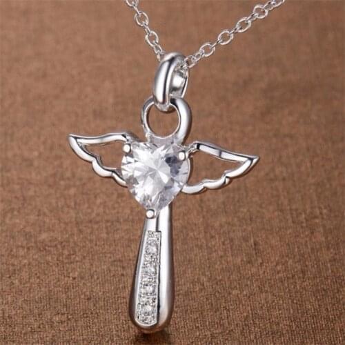 Popular Wing Pendant Clear CZ Crystal Stone Silver Plated Cross Angel Necklace For Women Girls Gift