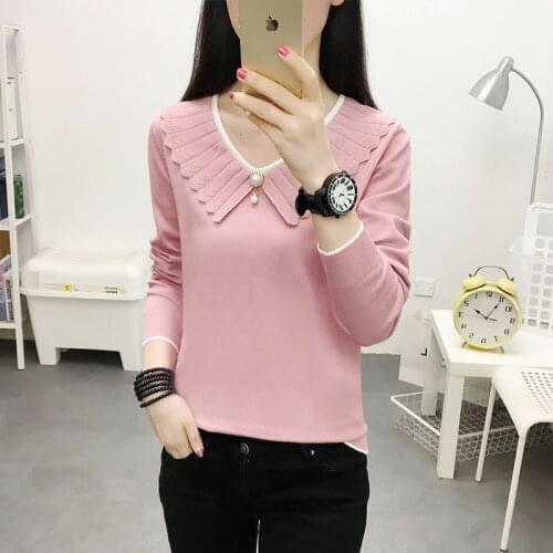 Women Peter Pan Collar Knitted Pullover Tops Spring Autumn Style Lady Casual Knitted Sweater Long Sleeve Pullover