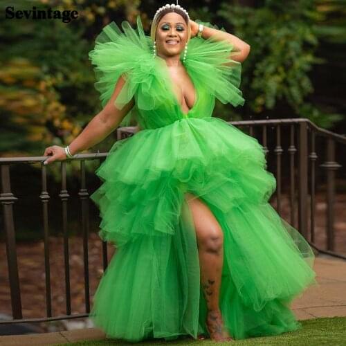 Sevintage Light Green Tiered Tulle Prom Dress 2021 New Design Sexy Slit Deep V-Neck Wedding Party Gowns A-Line Evening Dresses