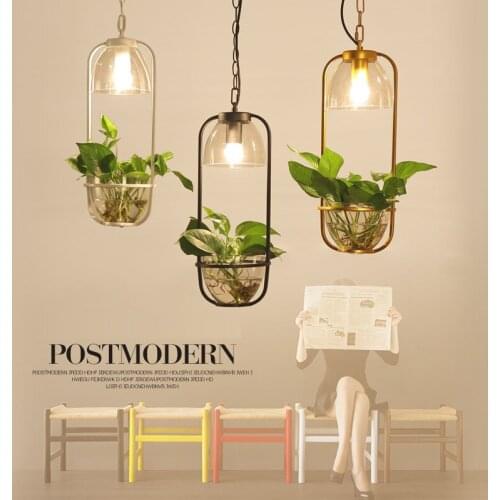 Nordic Modern White/Black/Golden Painted Iron Frame with Glass Bottle Plant Hanging Light LED Pendant Light for Bar Cafe