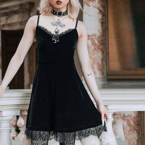 Gothic Lace Trim Black Mini DressVntage Half Moon Pendent Corset Dress Goth Aesthetic Sexy V Neck Backless Party Dresses