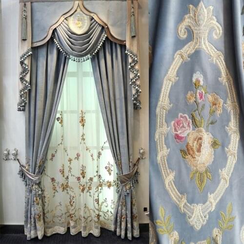 Top European luxury light blue velvet embroidered curtains for villa living room upscale hotel bedroom window decoration