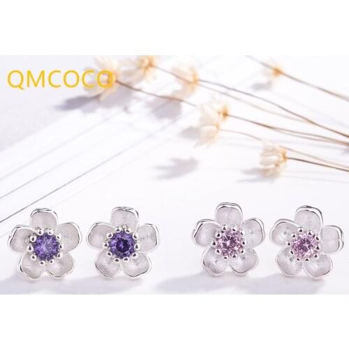 QMCOCO 925 Silver Handmade Flower Crystal Stud Earrings For Women Multi-Color Charm Zircon Small Ear Hoops Jewelry