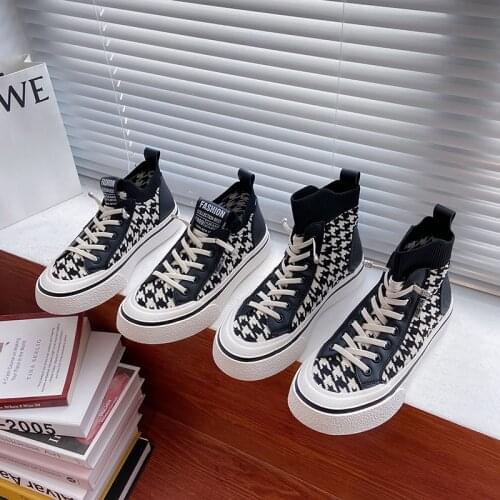 2021 High-top Low Genuine Leather+knitting Sneakers Lace Up Womens Casual Style Autumn Winter Shoes Womens Sneakers Black