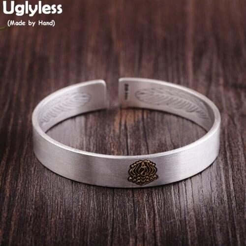 Uglyless Real 999 Fine Silver 10MM Wide Open Bangles Women Bronze Phoenix Peacock Bangles LOVE Motto Silver Fine Jewelry BA644