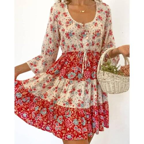Jastie Bohemian Floral Printed Women Dress Lace O-Neck Flare Sleeve Spring Summer Mini Dresses Casual Beach Female Vestidos