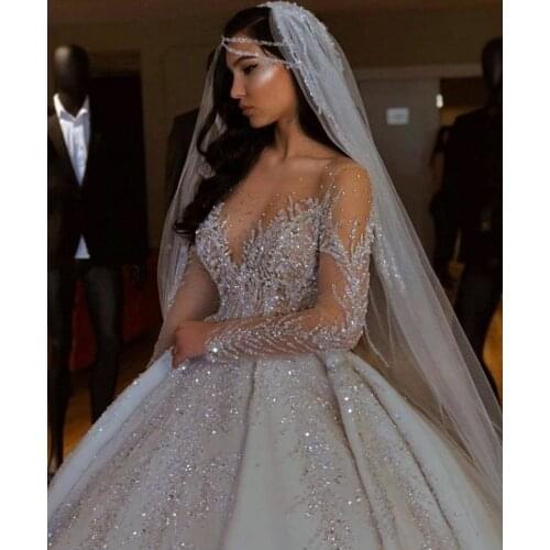 Sparkle vestidos de novia 2021 Ball Gown Wedding Dresses Long Sleeves Crystal Beaded Bridal Gowns Robe De Soirée De Mariage