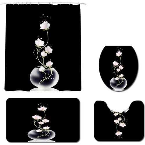 4Pcs/Set Lotus flower Bathroom Mat Set Shower Curtain Floor Rugs Cushion Toilet Seat Cover Bath Mat for Home Decoration