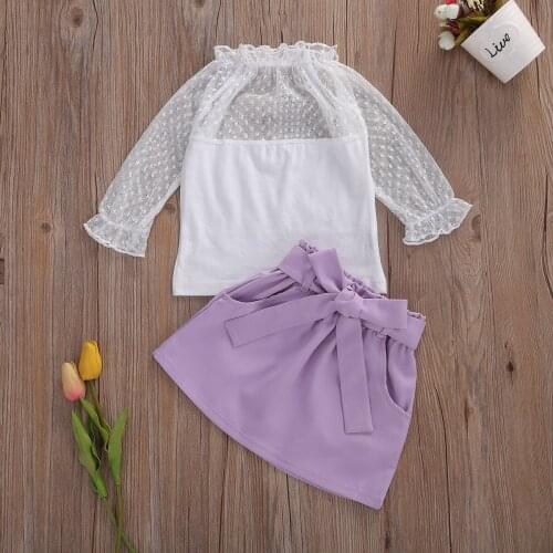 1-6Y 2Pcs Kids Baby Girls Fashion Outfit Set Long Sleeve Lace Top and Solid Color Bow Skirt Set Outfits