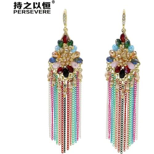Crystal Beaded Rhombus Bohemian Metal Chain Tassel Long Earrings For Women Blue Red boho hanging female Jewelry bridal Gift
